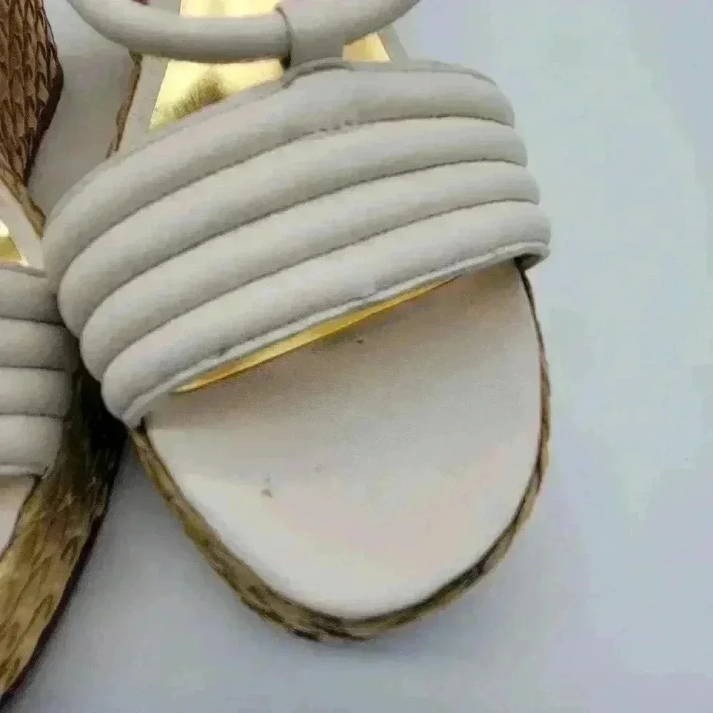 Beautiful! COACH A3259 Blanch Soft Napa White Ankle Strap Gold Wedge Shoes